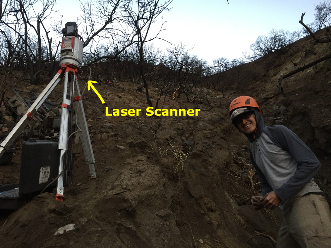 Laser Scanner on a tripod with a person in an orange helmet. 