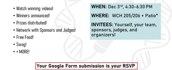 WHEN: Dec 3rd, 4:30-6:30pm. WHERE: WCH 205/206 + Patio. INVITEES: Yourself, Your Team, Sponsors, Judges and Organizers! Your Google Form is your RSVP