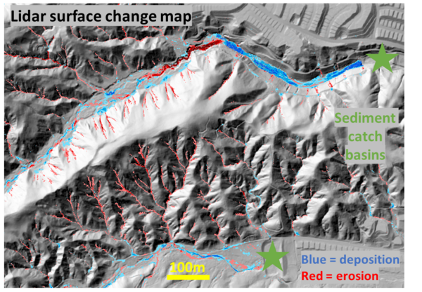 lidar surface change map with blue and red lines. Blue indicates deposition and red indicates erosion