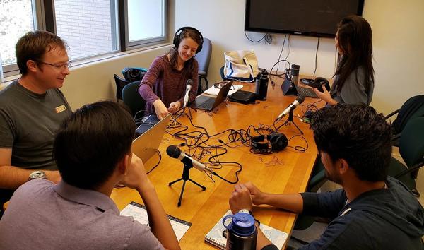 Setting up for a podcast recording