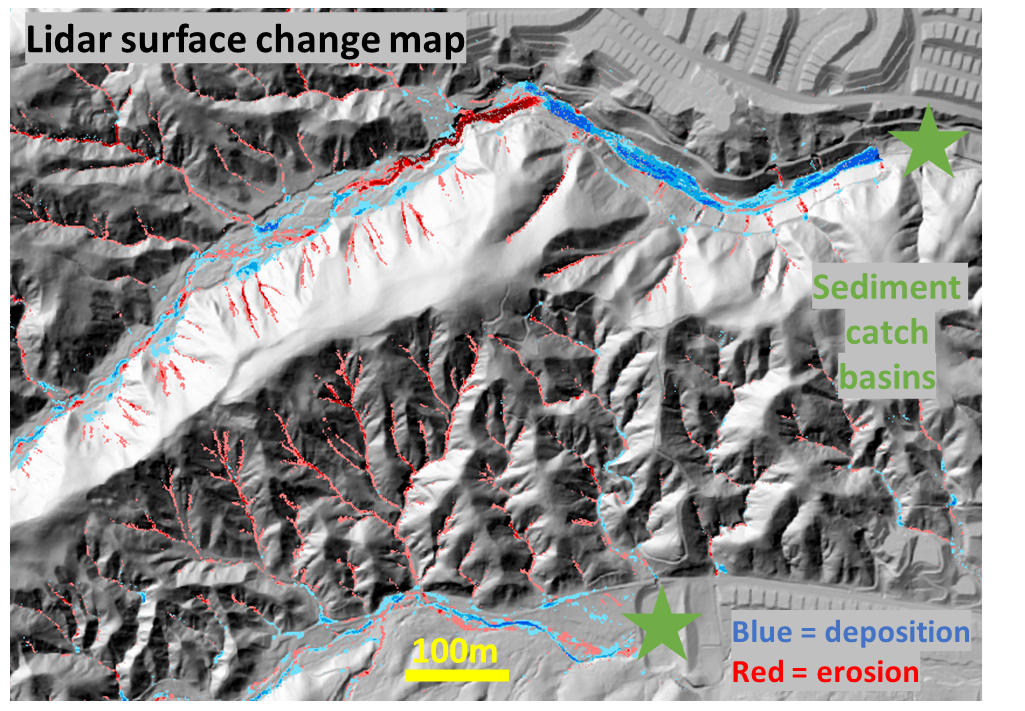 Lidar surface change map with blue and red lines. Blue indicates deposition and red indicates erosion