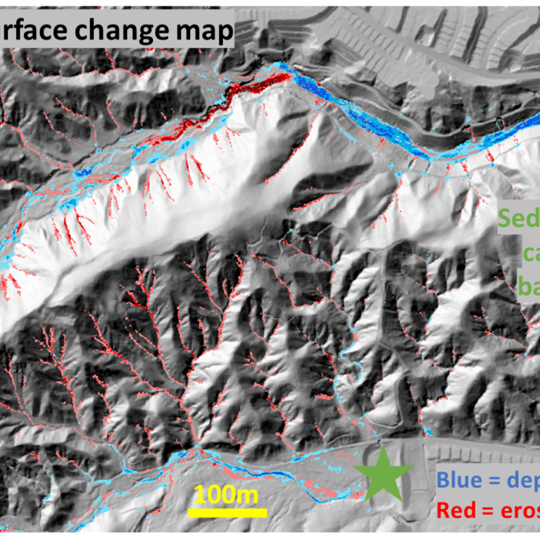 lidar surface change map with blue and red lines. Blue indicates deposition and red indicates erosion